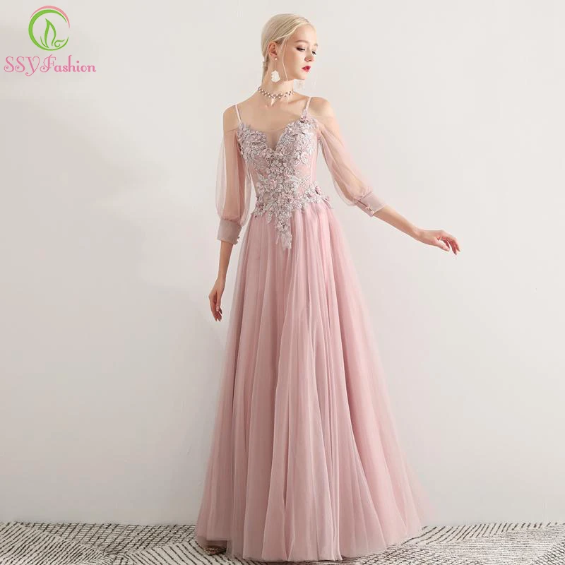 

SSYFashion New Lace Evening Dress Sweet Dark Pink 3/4 Sleeve Floor-length Appliques Lllusion Prom Formal Gown Robe De Soiree