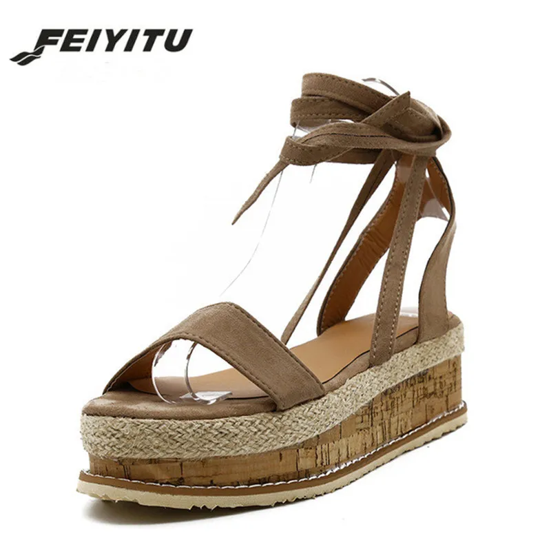 

FeiYiTu Summer Wedge Espadrilles Women Sandals Open Toe Platform Sandals Woman Lace Up Gladiator Sandals Black Plus Size 35-43