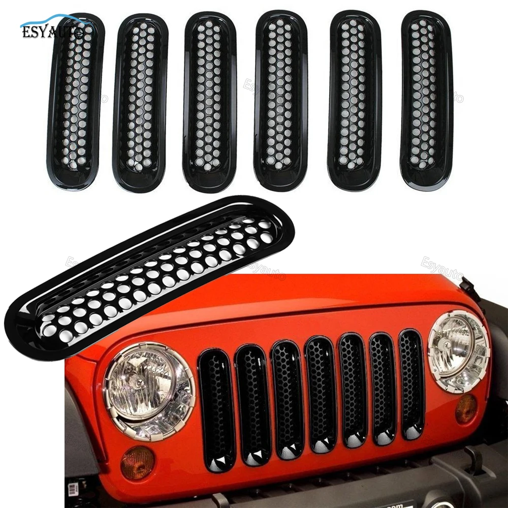 

ABS Front Mesh Grille Insert Kit 7 PCS Grill Guard Off Road Accessories for Jeep Wrangler JK for Rubicon for Sahara 2007-2016
