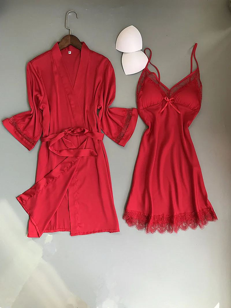 Queenral 2PCS Women Gown Sets Silk Satin Robe Nightgown Set Sleepwear Home Suit Night Sleep Plus Size M-XL Intimate Lingerie