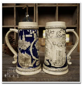 

2016 New Arrival Ceramic German Beer Mug Downtown Munich Hand Painted Mugs Embossed Pattern Coffee Cup 2 Color 15*12*21cm
