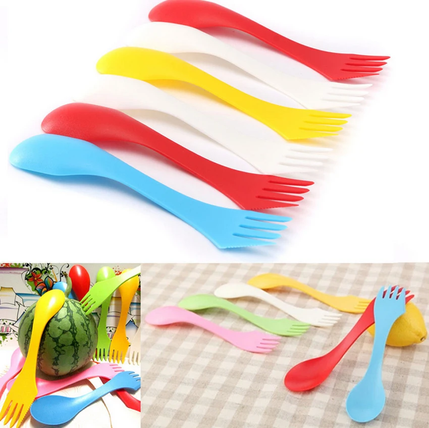 Hot Sell 6PCS Plastic Fork Knife Camping Spork Combo Travel Party