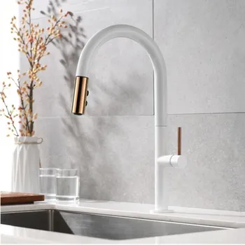 

Newly Arrived Pull Out Kitchen Faucet Rose gold and White Sink Mixer Tap 360 degree rotation kitchen Hot Cold mixer taps