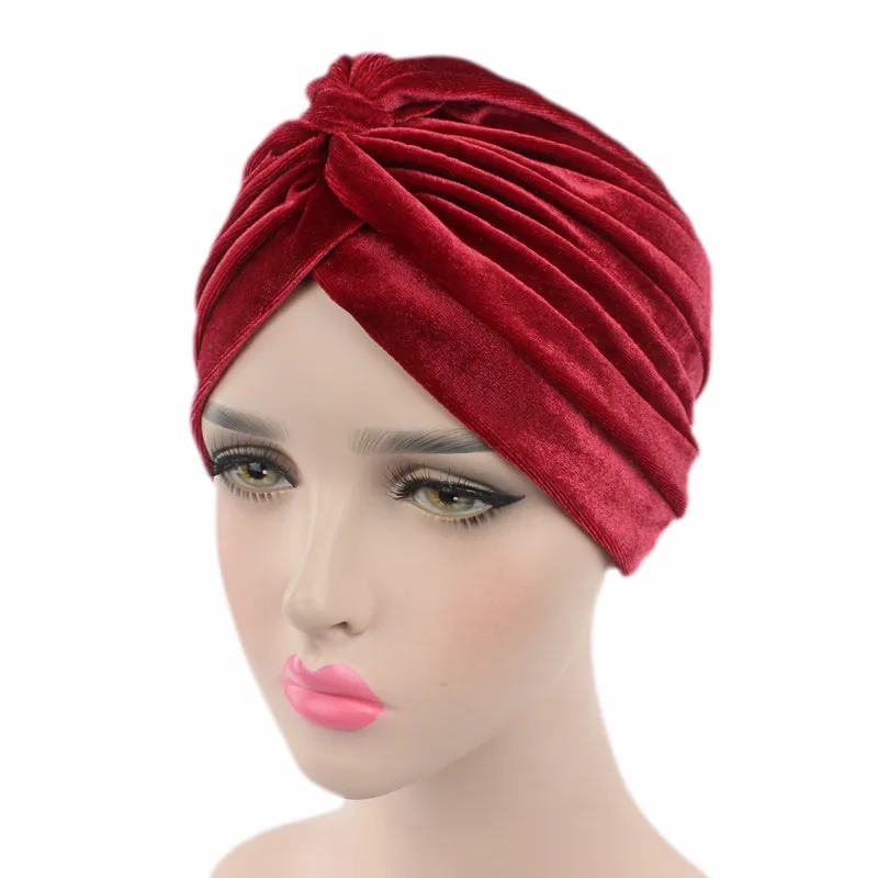 Мусульманская женская эластичная однотонная бархатная Шапка-тюрбан с рюшами, шапка Хемо бандана, хиджаб, плиссированная накидка, шапка для выпадения волос от рака - Цвет: Red