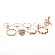 9piece/Set New Luxury Gold Ring For Women Fashion Creative Geometric Snake Zircon Crystal Leaves Boho Party Rings Punk Jewelry