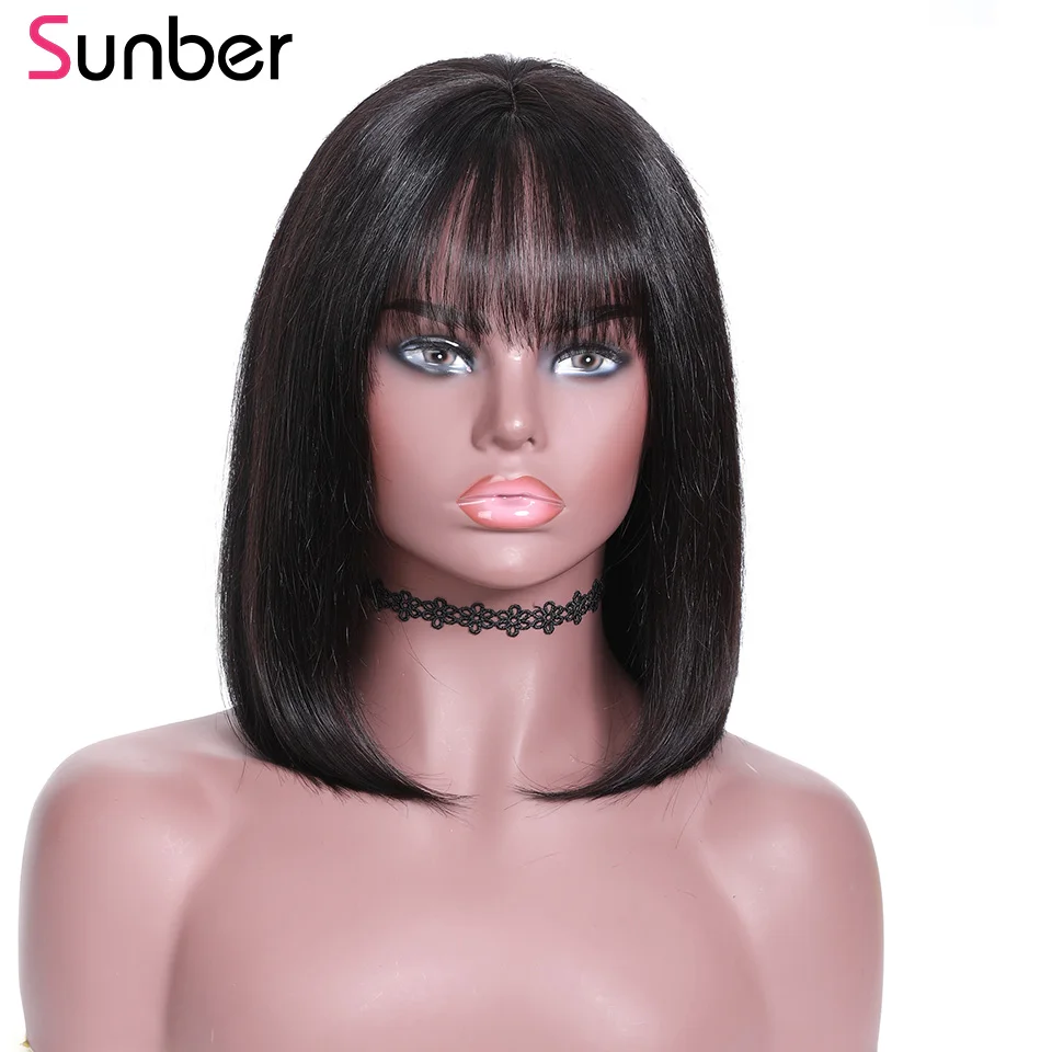 

Sunber Short Lace Front Human Hair Wigs Bob Wig with Bang fro Black Women Brazilian Straight Hair Lace Bob Wig