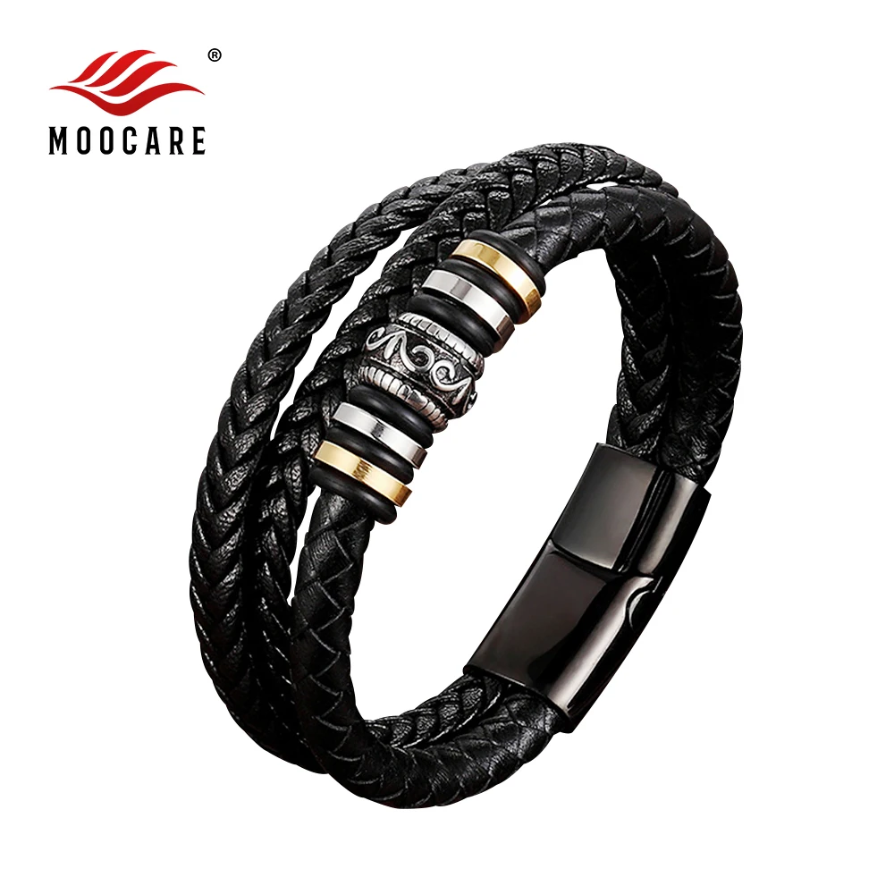 Кожаный браслет Moocare ручной работы, мужской черный браслет на запястье, цепочка из нержавеющей стали, магнитная застежка для мужчин, мужской браслет