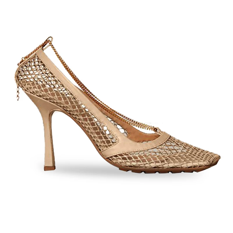

2019 New women's high-heeled shoes pumps shoes 8.5 cm heels women's mesh chain autumn square head single shoes women's sandals