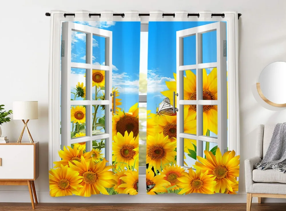 

HommomH Curtains (2 Panel) Grommet Top Darkening Blackout Room Window Scenery Sunflower Flower Sea Butterfly