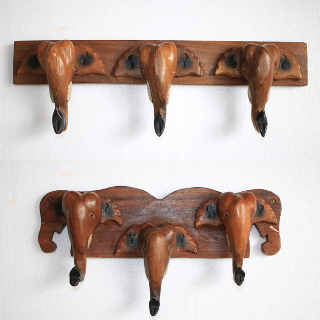 Handmade Creative Wooden Elephant Head Wall Mounted Trunk Hook Hanger Home Decoration