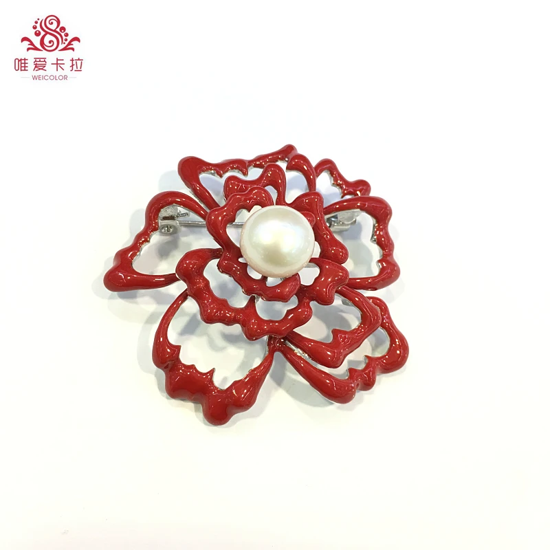 

WEICOLOR Nice Red Flower Shaped White Natural Freshwater Pearl Brooch.Nice Gift For All Girls.