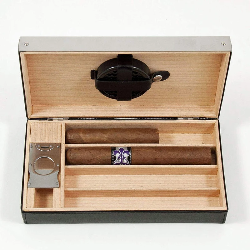 

4 Tubes Holder Leather Wood Cigar Moisture Box Travel Carry Small Mini Humidor cool gadgets Cigar Storage Case With Cigar Cutter
