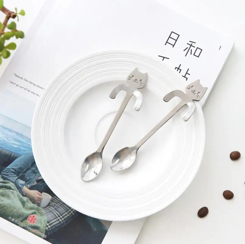cat spoon 1 Piece Cute Cat Long Handle Spoons Flatware Drinking Tools