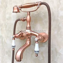 Bathroom Antique Red Copper Wall Mounted Bathtub Faucet Dual Ceramic Handle Shower Mixer Tap with Handheld Shower Spray ltf802 new arrival luxury antique copper shower faucet set ceramic decoration wall mounted bathroom bathtub faucet handheld shower