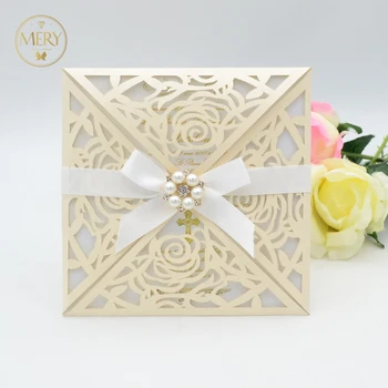 

Hot wholesale luxurious rose laser cut white pearl elegent invitation card wedding favors