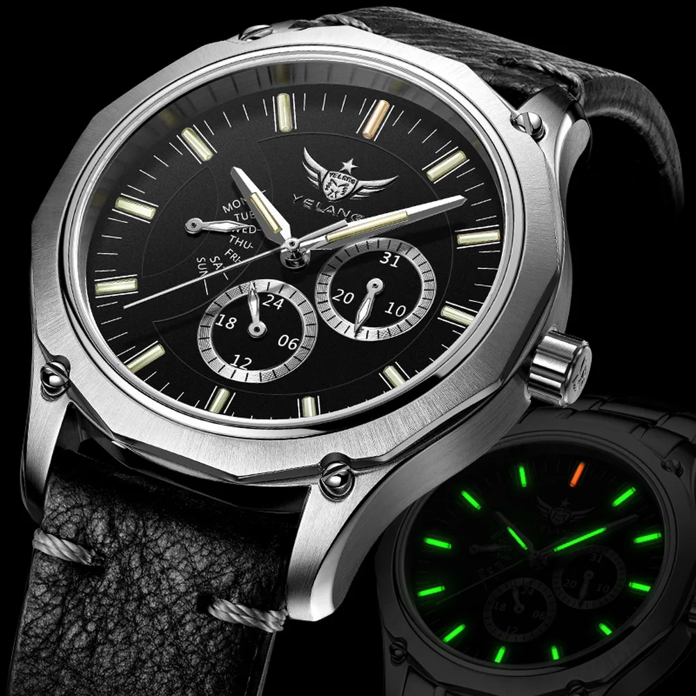 YELANG Тритий часы для Для мужчин кварцевые часы T100 световой кожаный ремешок обратного хода Водонепроницаемый Спортивные Наручные Часы Montre Relogios V1027