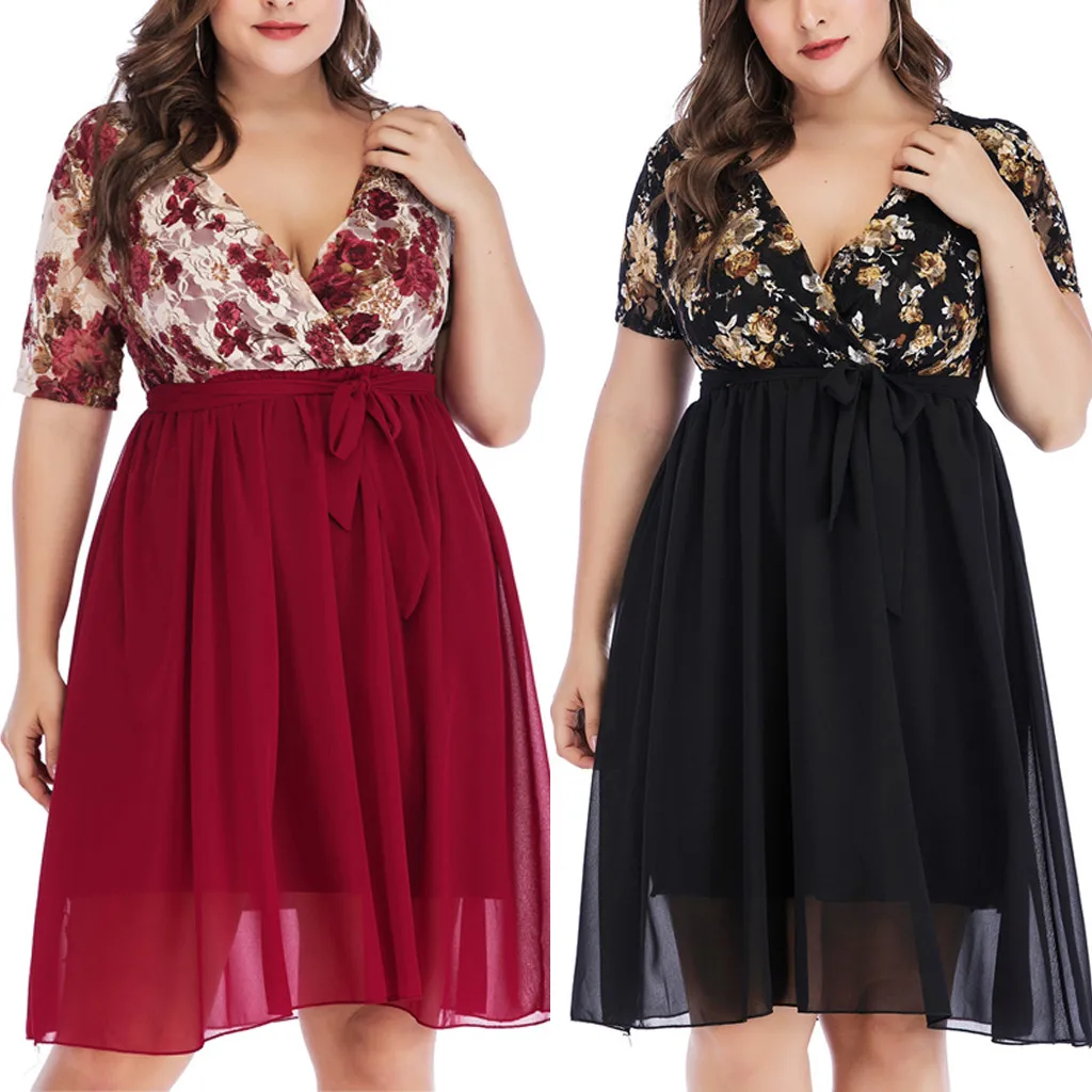 

Plus Size dress women summer V-neck women's dresses Chiffon Dress Bow Belt Print Lace Mesh Splice Mini Dress vestido robe 32#G6