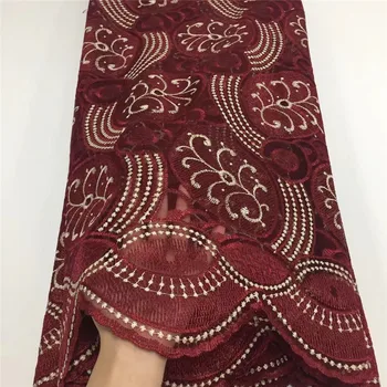 

Free shipping Cheap Burgundy Wedding Nigerian Lace Fabrics High Quality African French Net Mesh Tulle Lace Fabric With Stones