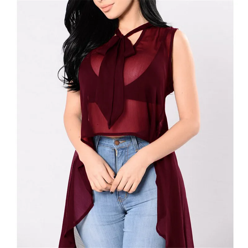 D'été Voir Femme Tops Chemisier Blouses Sans De Bowknot Manches Sexy Irrégulière Hirigin Transparent À Travers Tulle Femmes EqPgCw6