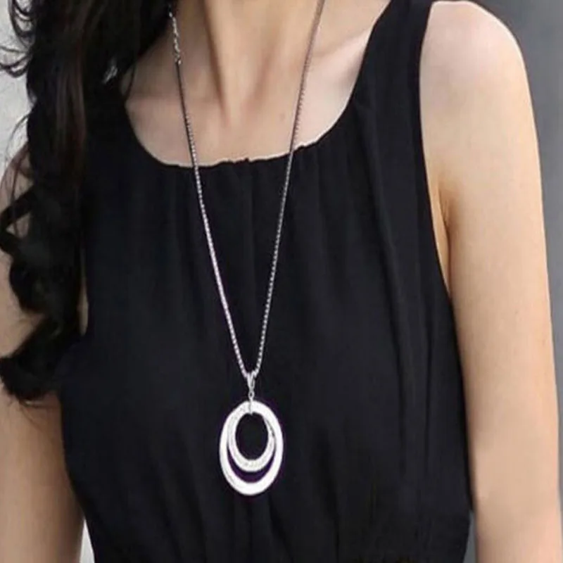 

Silver Long Chain Necklace Women Round Pendants Necklaces Statement Necklace Jewelry Gifts Collier Femme Bijoux Arets Mujer