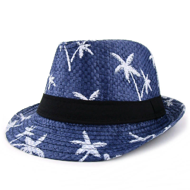 Fashion Unisex Coconut Tree Jazz Straw Hat Kids Trilby panama Hats Women Men Casual Beach Bucket Cap Summer Sunscreen Cap CP0263 (2)