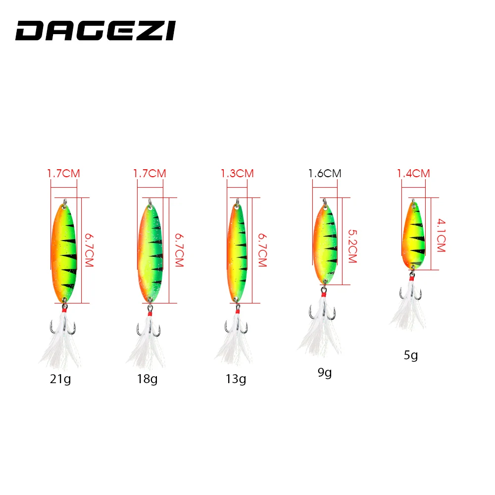 DAGEZI металлическая ложка, приманка 5 г/9 г/13 г/18 г/21 г, 1 шт., приманка для рыбалки в соленой воде с пером, лазерная Тонущая приманка для ловли карпа