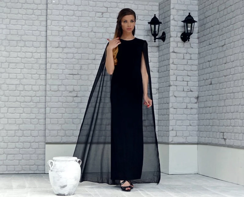 

Black Evening Dress Chiffon O-neck Straight Floor Length Cap Sleeve With Wraps Sleeveless Custom Made 2019 New Design Prom Gown