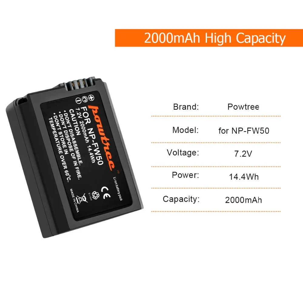 Powtree для Sony 3 шт. 7 2 в 2000 мА · ч фотоаккумулятор NPFW50 NP FW50 камеры Alpha 6500 6300 6000 5000 3000 a7R a7S