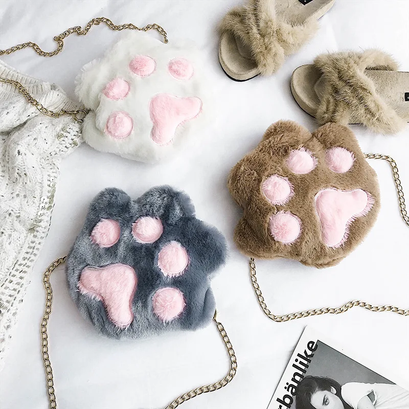 

YILE Soft Plush Fleece Kid Girl Shoulder Bag Cross Body Chain shaped Paws 3 Colors