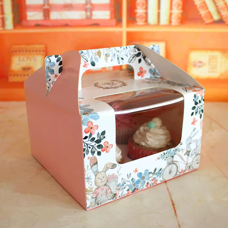 1/2/4 отверстия Портативный muffin коробка форма для кекса коробка для торта упаковка бумажная коробка с прозрачным окном пудинг выпечка 10 шт./лот - Цвет: 4 holes