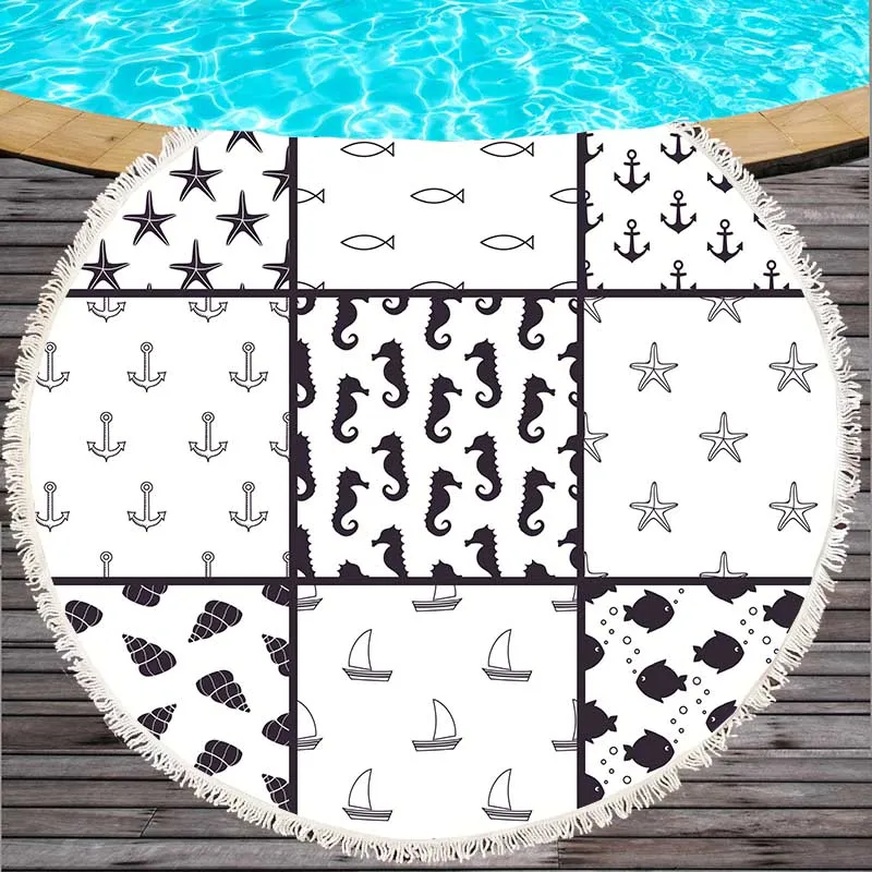 150*150cm Round Beach Towel With Tassels Microfiber Bath Handfeel Soft Sea Anchor Flower Pineapple leopard flamingo print | Дом и сад