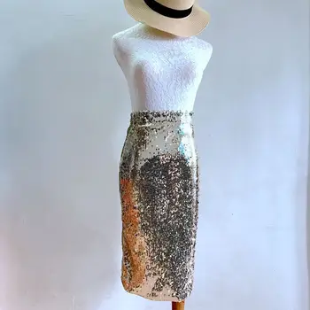 

Free Shipping Personality Knee-length Solid Sexy Europe New 2019 Hot Temperament All-match Elastic Skirt Sequins Package Hip