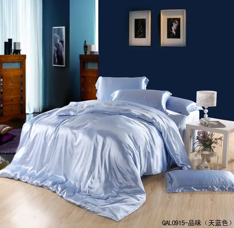 Light blue silk satin bedding sets sheets king size queen double quilt doona duvet cover