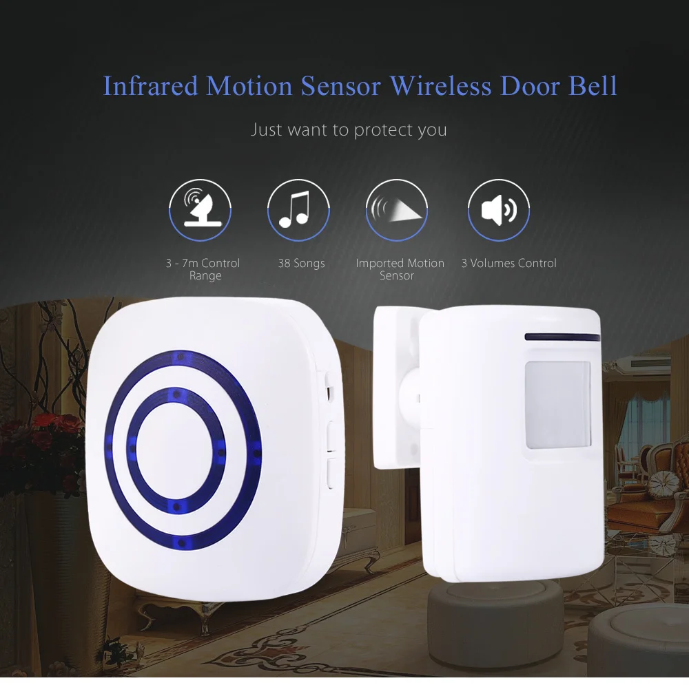 

Fimei Infrared Motion Sensor Wireless Wire-free EU Plug Door Bell Alarm Chime With 38 Songs Ideal for Hotel Home Store Office