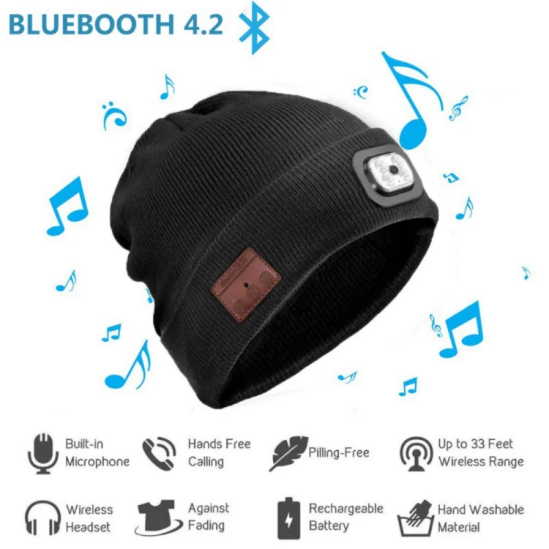 4 High Brightness LED Bluetooth Headphone Beanie Hat Outdoor Sports Wireless Headset Rechargeable Headlamp Cap with Mic