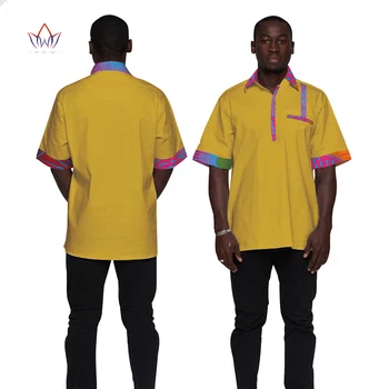 

African Clothes Men Short Sleeve Patchwork Shirts Bazin Riche African Design Clothing Casual 100% Cotton Mens Top Shirts WYN638