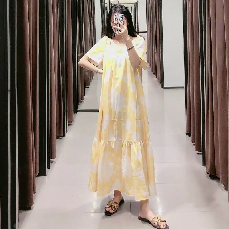 

Summer Dress 2019 New Fashion Yellow Floral Prints Square Collar Short Sleeve Feminino Vestidos Casual Clothing Women Dresses
