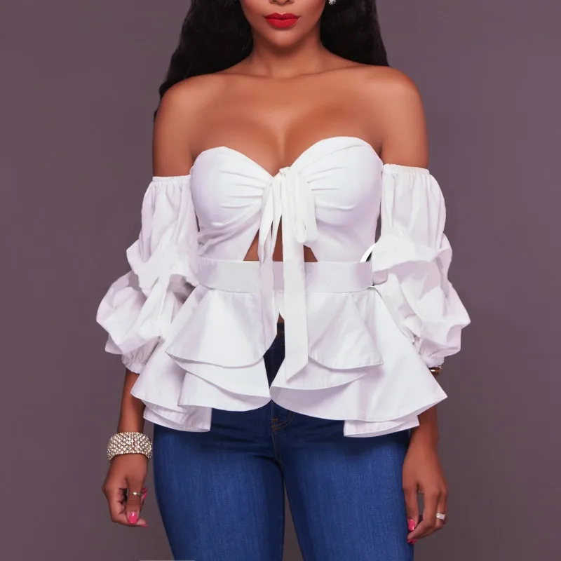 

Slash Neck Sweetheart Off Shoulder Women Shirts Lantern Sleeve Hollow Out Bow Tied Peplum Blouse Ruffles Sexy Summer Top 2018