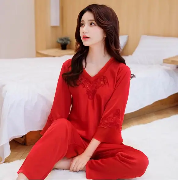 Large size women pajamas set new casual home clothes long sleeve pijama mujer silk satin spring autumn pyjamas female