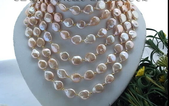 

HOT## Wholesale > 100"14mm coin pink freshwater pearl necklace