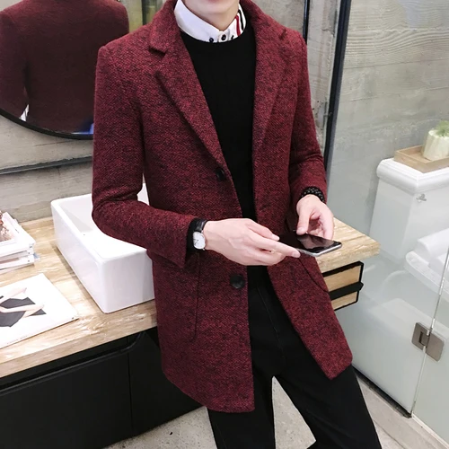 Осенне-зимний длинный Тренч мужской тонкий модный шерстяной пиджак мужской костюм воротник Повседневный Тренч шерстяное пальто Размер M-2XL - Цвет: Красный
