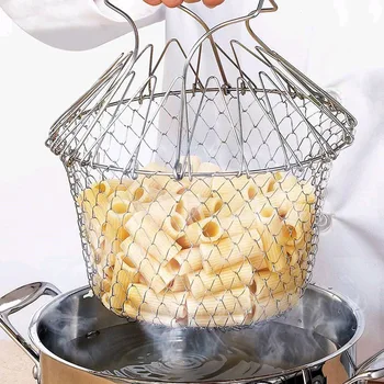 

1PC Foldable Steam Rinse Strain Fry French Chef Oil Fry Basket Mesh Mesh Basket Strainer Net Kitchen Cooking Tool OK 0962