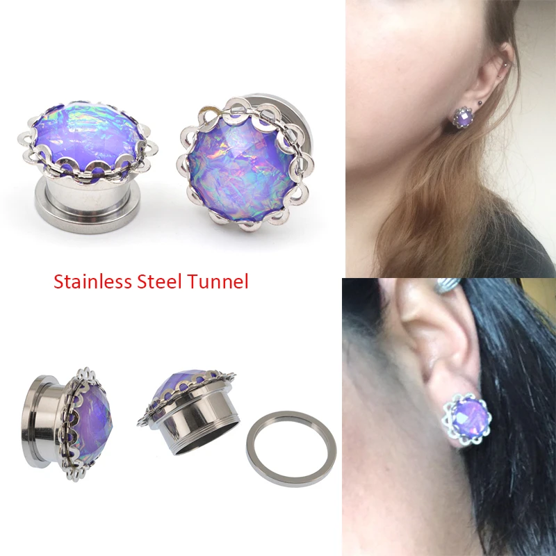 Purple Gems Ear Gauges Ear Plugs Flesh Tunnels 316L Steel Ear Stretching Jewelry