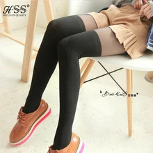 New fall Women Over the Knee Tattoo Tights,Black Colors Gipsy Mock Ribbed,Sexy Tinted Sheer False High Stockings Pantyhose