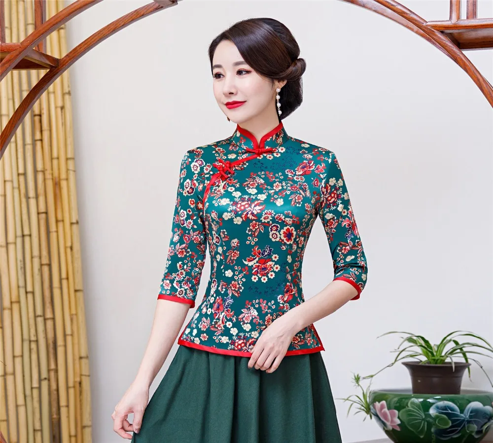 Шанхай история цветочный Чонсам рубашка Qipao Топ с рукавами 3/4 Китайский традиционный топ из искусственного шелка китайский блузка для Для