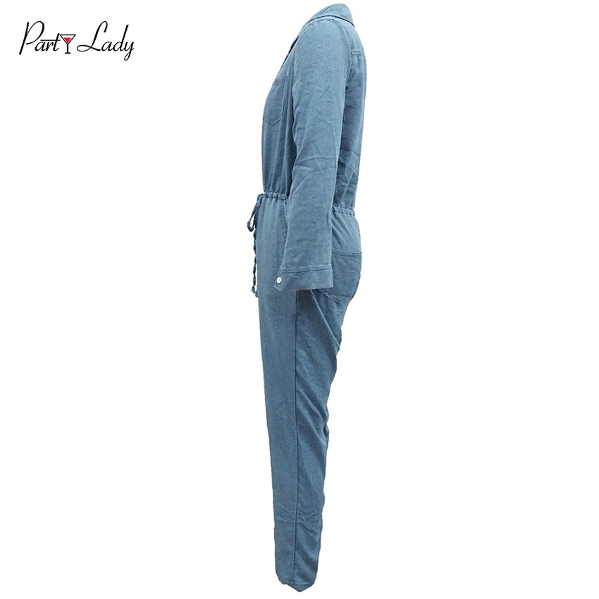 Party Lady 2018 Party Club Jumpsuits For Women Autumn Winter Blue Color Deep V-neck  Rompers Sexy Solid Button Girls Jumpsuit -C