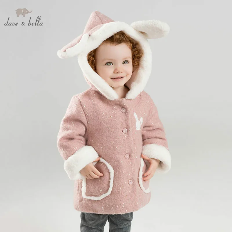 DBM8185 dave bella baby girl jacket children blue outerwear fashion pink winter coat lovely rabbit hat