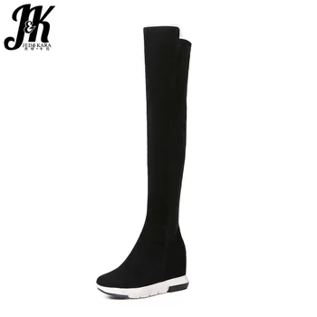 

JK Leisure Style Stretch Over The Knee Boots Natural Leather Suede Winter Boots Height Increasing Rubber Women Shoes 2018