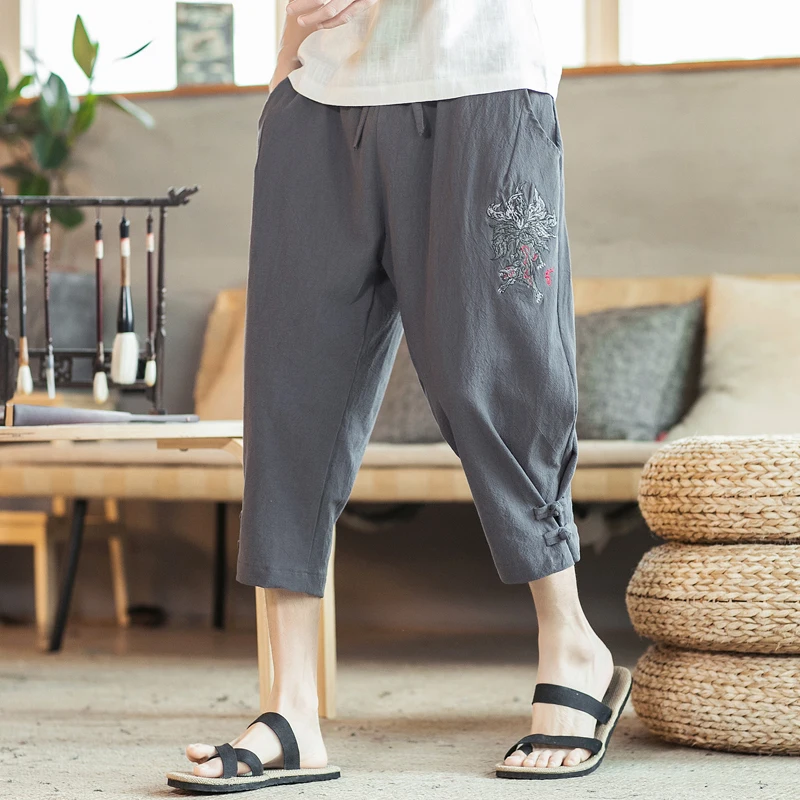 

Chinese Style Calf-Length Pants Fox Embroidery Men's Pants Elastic Waist Large Size Black Gray Green Red Calf-Length Pants