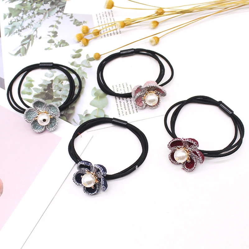 5PCS/Lot New Korean Flower Women Hair Bands Ornament Elastic Rubber